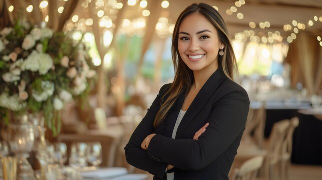 Smiling female wedding planner with crossed arms, organizing ceremony, posing in an elegant suit under banquet, businesswoman confidently managing, preparing event schedule for marriage arrangement