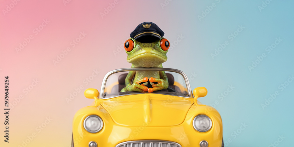 Wall mural green frog driving a yellow car, cute, colorful & funny animal image