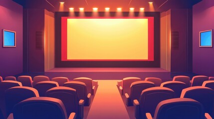 Fototapeta premium Modern Bright Cinema Theater Lobby Interior With Downlights And Large Tv Screen
