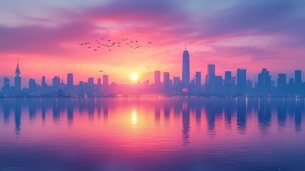 Fototapeta premium A picturesque sunset with pink and purple hues illuminates the skyline, casting vibrant reflections on the tranquil water below.