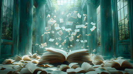 Surreal scene of open books floating in the air within a grand library hall, bathed in ethereal sunlight streaming through large windows