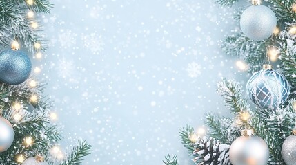 Decorative holiday wreath featuring silver ornaments and pine branches against a snowy blue backdrop, creating a festive atmosphere in winter