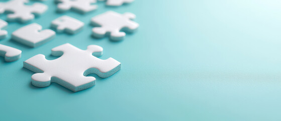 Fototapeta premium White puzzle pieces on blue background.