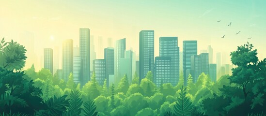 Eco Friendly Urban Development Concept Modern Green Cityscape With High Rises Surrounded By Lush Forest Summer Atmosphere Sunlight And Lens Flares