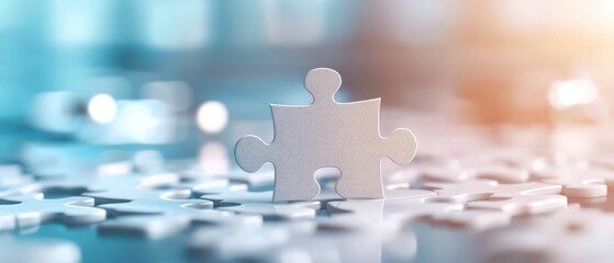 Close up of a single white puzzle piece on a blurred background, symbolizing problem-solving and completion.