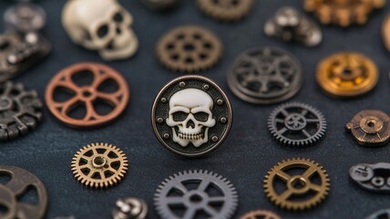Fototapeta premium Steampunk gears skull metal vintage decorative mechanical accessories craftsmanship retro industrial bronze silver copper design art collection unique embellishments fantasy gothic intricate detailed