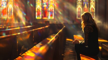 Woman sitting in church praise to God in prayer, sunlight shining through stained glass, Christian faith and worship, spiritual connection, Jesus Christ crucifixion and resurrection. sin forgiveness