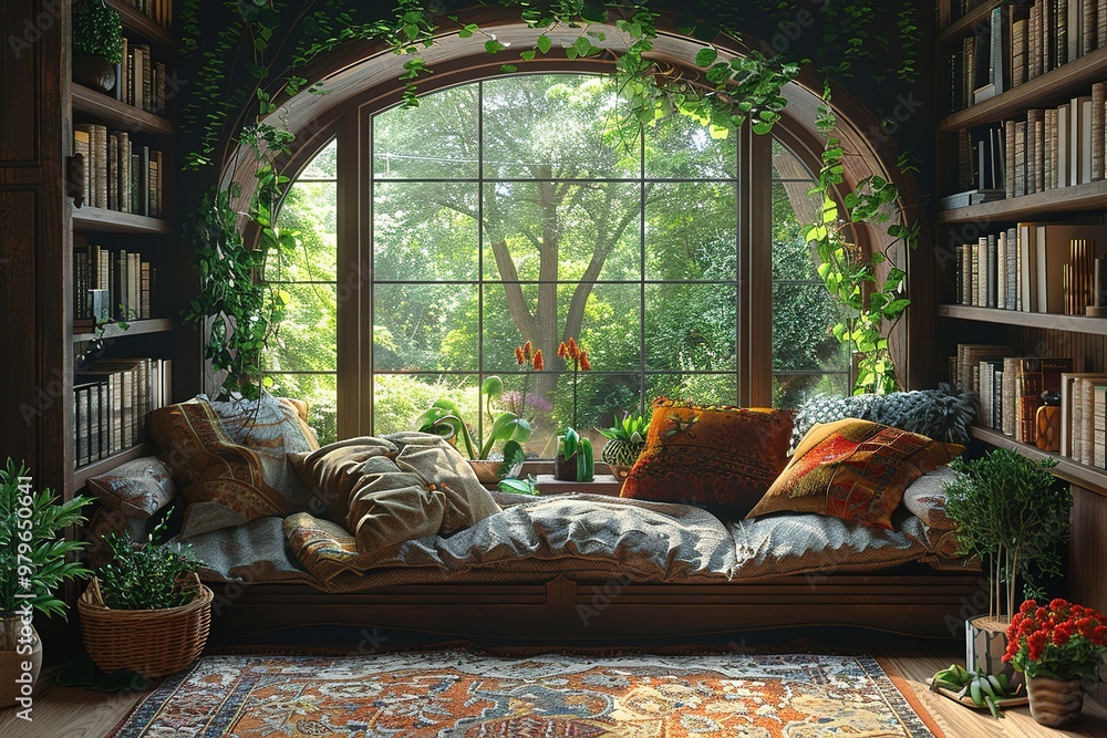 Poster a cozy reading nook with a large window and a view of a tree