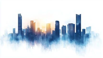 Obraz premium A city skyline emerges through mist at sunrise, illustrating urban development, growth, and the morning light reflecting off buildings.