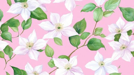 Seamless pattern featuring watercolor flowers of pink and white clematis on a pink background designed for fabric use Botanical illustration of flowers