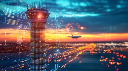 A digital representation of an airport control tower at sunset, with an airplane taking off in the background.