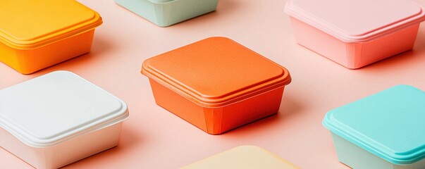 Colorful food storage containers arranged on pastel background create vibrant and organized display. These containers are perfect for meal prep and storage solutions