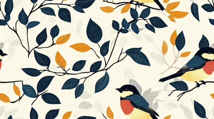 Naklejka premium Seamless pattern featuring birds amidst forest branches and foliage