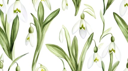 Fototapeta premium Watercolor pattern of spring flowers featuring seamless snowdrops Endless botanical background with floral illustrations