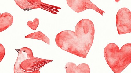Seamless pattern featuring red watercolor hearts and birds Hand drawn design for Valentine s Day Suitable for wrapping paper or textile swatch Paper texture included