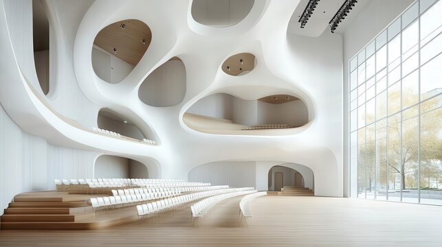 Futuristic concert hall with organic shapes and advanced acoustics, avant-garde architecture