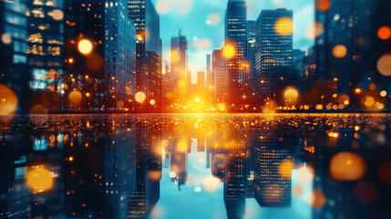 Fototapeta premium A breathtaking view of a modern city skyline at sunset, skyscrapers reflecting the golden light.