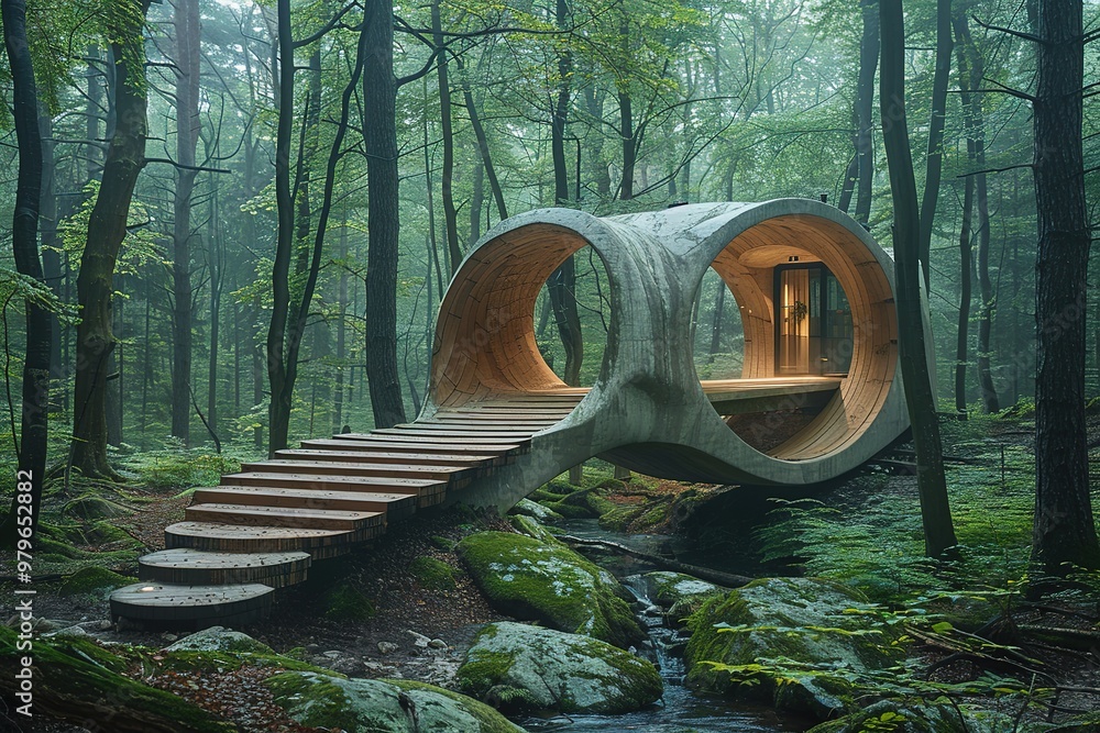 Poster a large, curved structure is built over a stream in a forest
