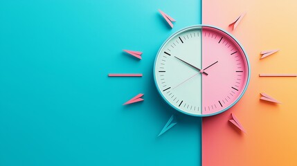 A pastel-colored wall clock surrounded by paper airplanes on a split-color background, symbolizing time management and creativity.