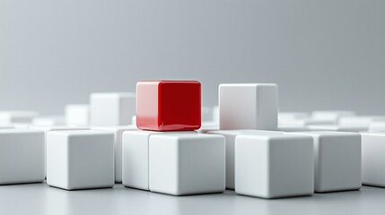 Obraz premium A red cube stands out among a group of white cubes, representing individuality, uniqueness, and differentiation in a crowd.