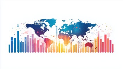 Fototapeta premium A colorful world map overlaid with bar graphs, illustrating global data trends, statistics, and economic analysis.