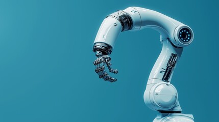 A close-up of a robotic arm with a mechanical hand against a blue background, symbolizing advanced technology, automation, and engineering.