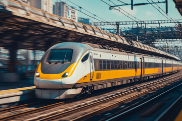 Naklejka premium Long exposure high speed train in train station, High speed commuter train on railway. 