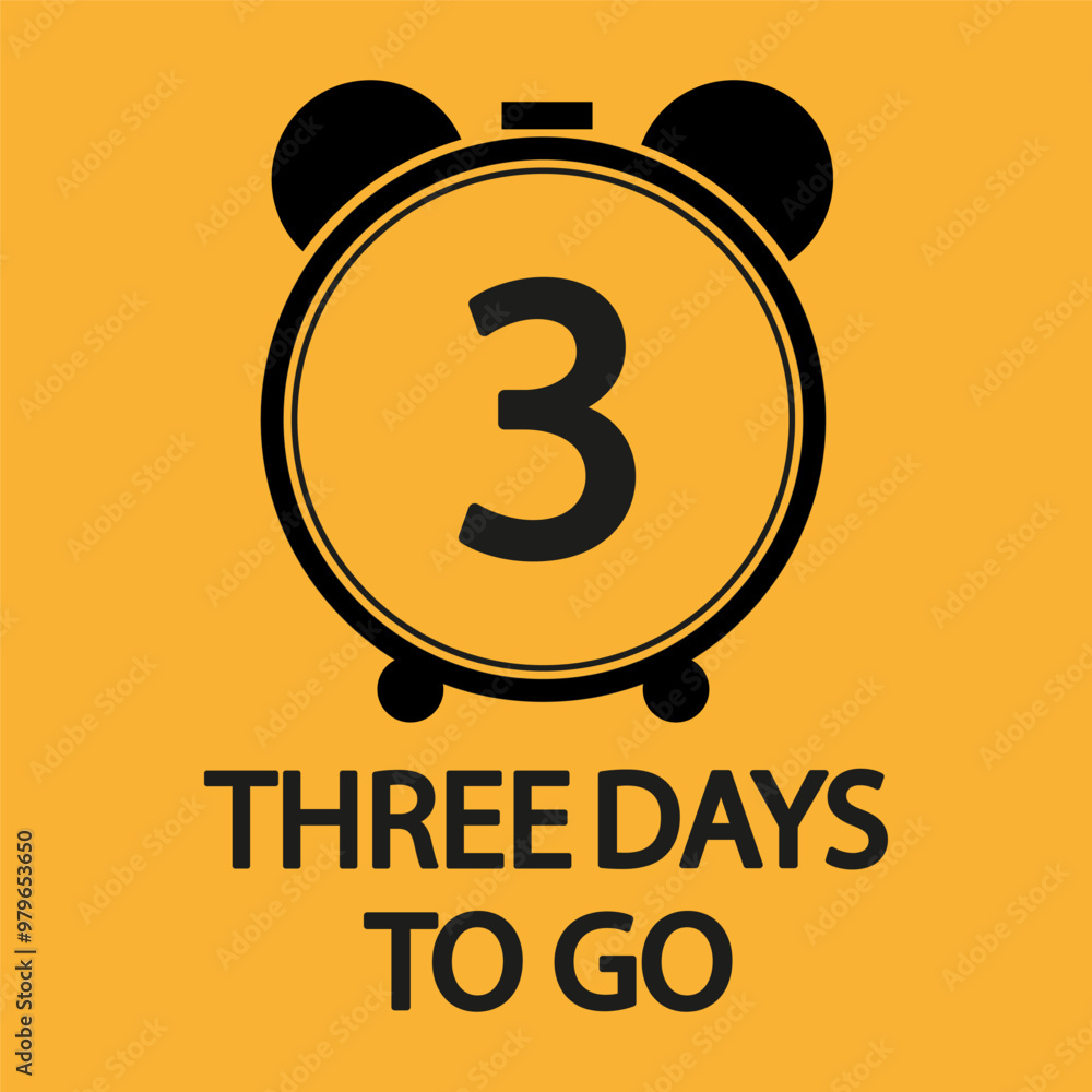 Poster countdown timer illustration. number three focus. bold 3 days to go text. yellow background design.