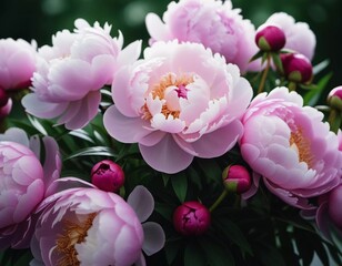 Obraz premium Arrangement of big pink white peonies, delicate petals and vibrant hues. Dark background enhances their beauty. Soft colors offer serene, artistic touch suitable for design purposes. Generative AI