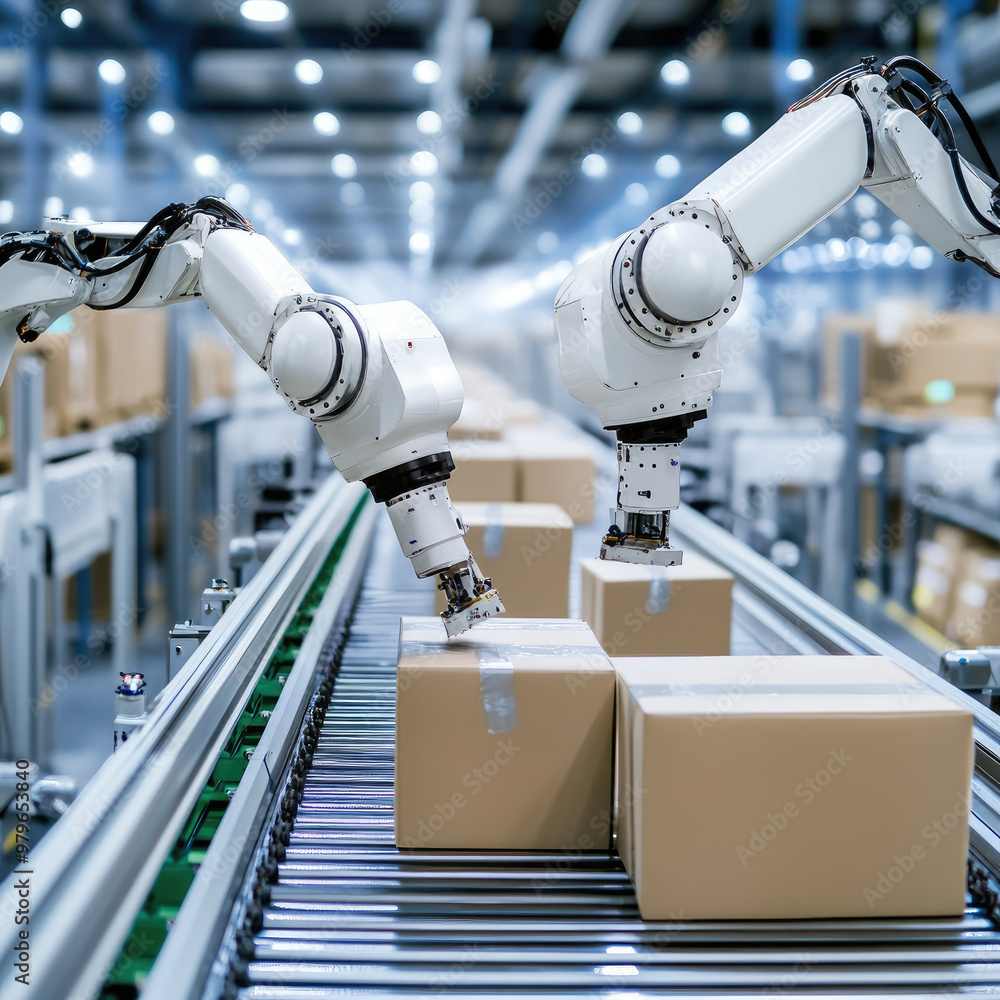 Poster robotic arms are efficiently sorting packages on conveyor belts in modern warehouse, showcasing adva