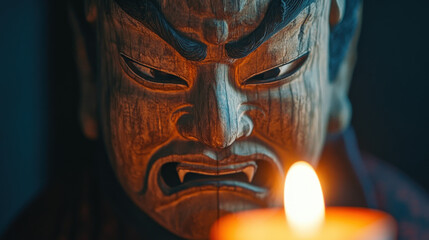 Haunting Close-up of Japanese Noh Mask: Vengeful Spirit on Halloween Night
