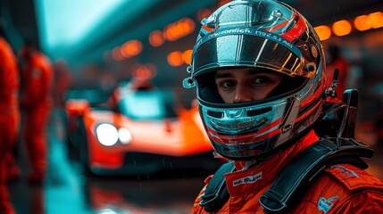 A Formula 1 racer in racing gear stands in front of his car at the pit stop of the race track