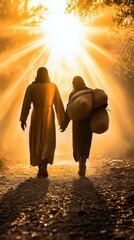 Jesus walking alongside a person struggling with heavy burdens, glowing light symbolizing support