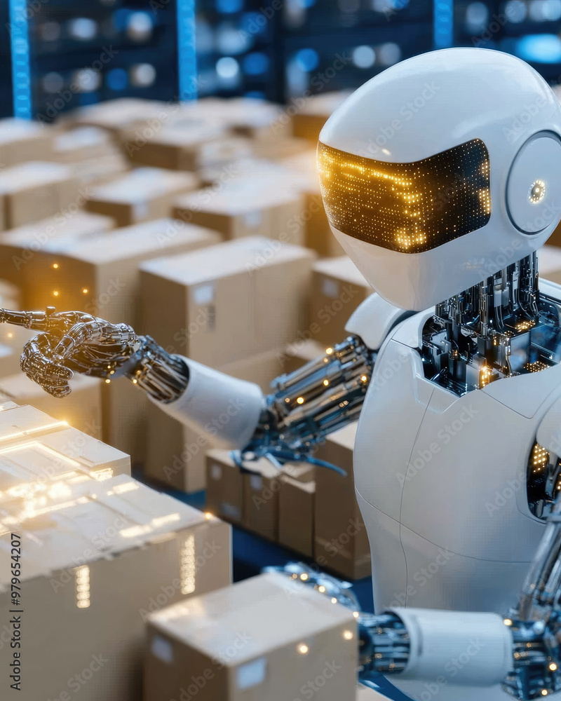 Poster a futuristic robot is efficiently managing packages in warehouse, showcasing advanced ai technology.