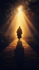 Fototapeta premium Jesus walking alongside a person struggling with heavy burdens, glowing light symbolizing support