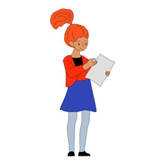 Girl reads documents with pleasure. Good news. Young girl in comfortable clothes and with backpack is reading document. Flat vector illustration on white background for your design.