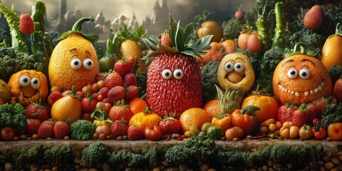 An enchanting cityscape where every corner features animated fruits and veggies adding charm to the environment