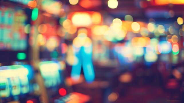 defocused casino with many slot machines and lights