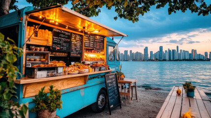 Obraz premium A food truck parked by the waterfront, serving fresh meals to city dwellers on a sunny day.