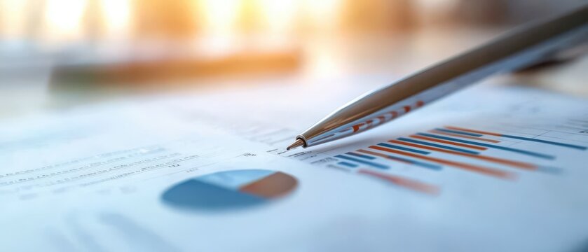 Close up of a pen resting on a financial report with colorful graphs and data, ideal for business and finance concepts.