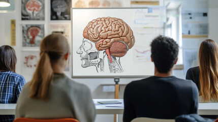 Students studying anatomy of human brain in biology class