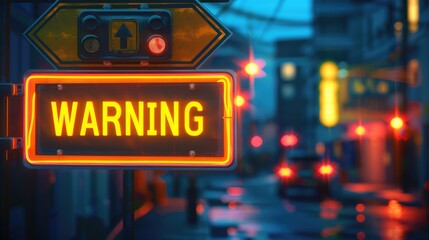 warning sign on the street at night