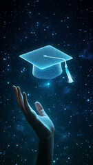 Holographic Graduation Cap Above a Reaching Hand