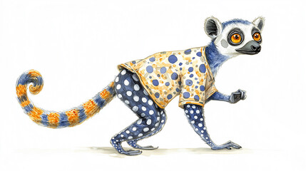 Obraz premium Funny blue eyed lemur wearing clothes walking on white background