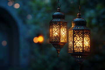 Two ornate lanterns glow softly in a tranquil outdoor setting.
