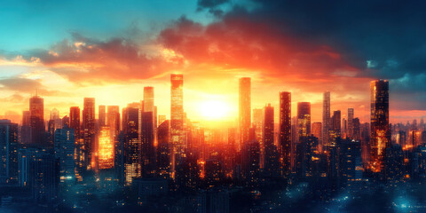 Fototapeta premium A panoramic view of a city skyline at dawn, the sun just beginning to rise behind the towers.