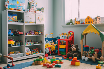 Fototapeta premium Kindergarten room with plenty of toy for kid, Interior design of classroom for child with education equipment.