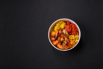 Boiled tiger shrimps with porridge, tomatoes and corn