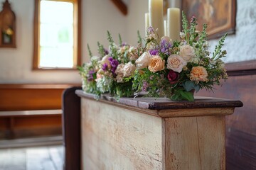 Fototapeta premium Floral Arrangement on a Rustic Wooden Table in a Church Interior