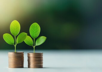 Two small green plants sprout from stacks of gold coins, representing growth and financial success.